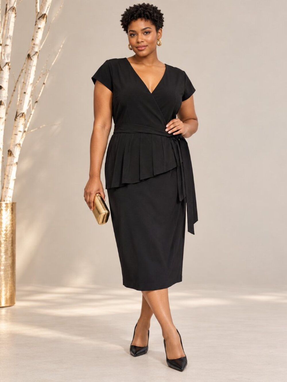 Sandra Darren Black Wrap Midi Dress with Pleated Peplum 14 LBD